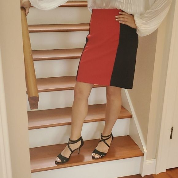 Michael Kors Blk Red Colorblock Panel Pencil Skirt - Picture 2 of 8